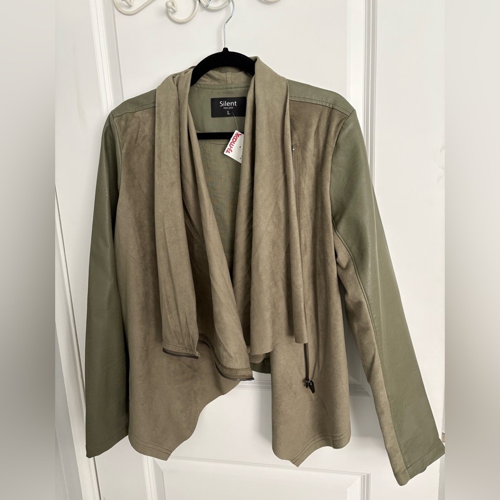 Silent New York Women's Faux Suede/Vegan Leather Olive Green Moto Jacket L NWT